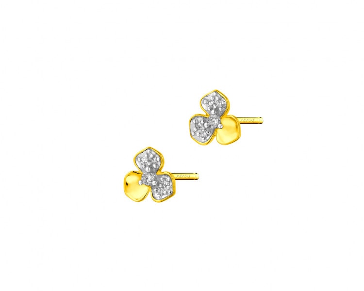 Kolczyki z żółtego złota z diamentami - kwiaty 0,05 ct - próba 375