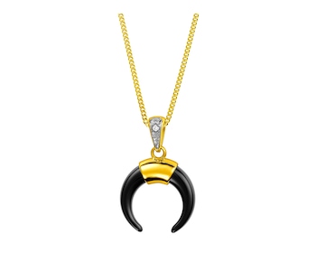 Gold pendant with diamond and onyx - moon 0,005 ct - fineness 14 K