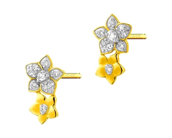 Gold earrings with diamonds - flowers 0,06 ct - fineness 14 K