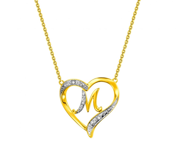 Naszyjnik z żółtego złota z diamentami - serce, litera M 0,01 ct - próba 375