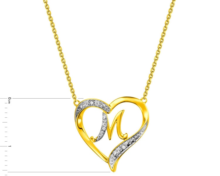 Naszyjnik z żółtego złota z diamentami - serce, litera M 0,01 ct - próba 375