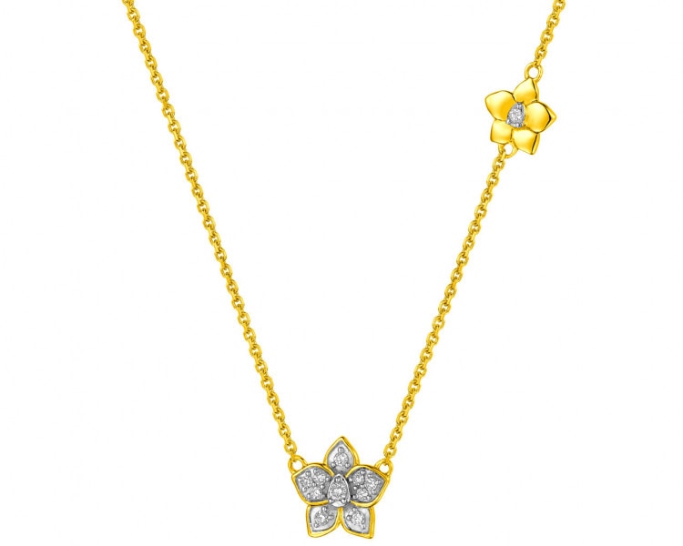 Naszyjnik z żółtego złota z diamentami - kwiaty 0,05 ct - próba 585