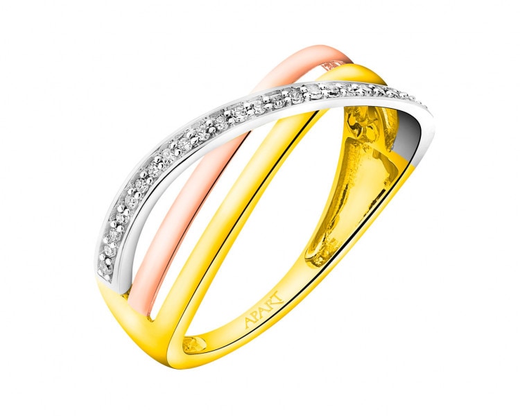Pierścionek z żółtego, białego i różowego złota z diamentami 0,08 ct - próba 585