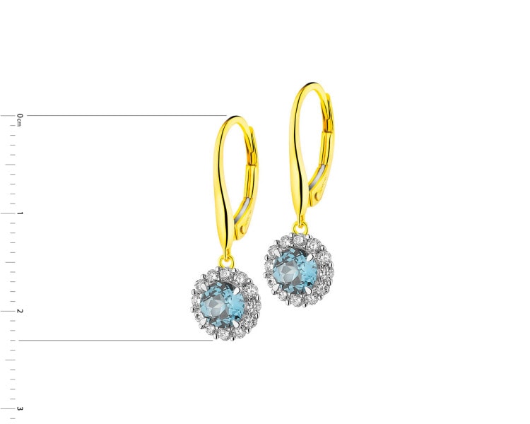 Gold earrings with diamonds and topaz (London Blue) - fineness 14 K