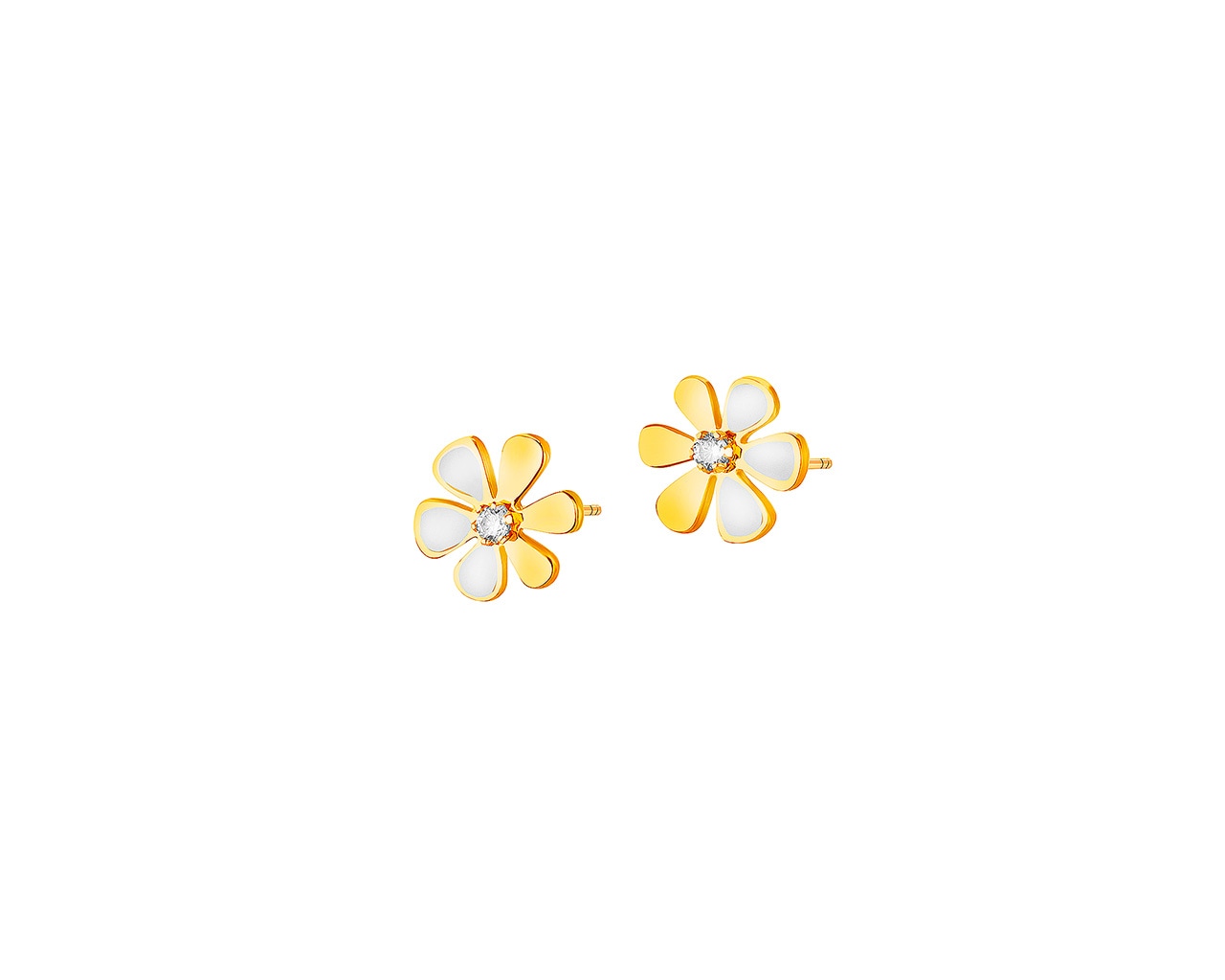 Złote kolczyki z emalią i cyrkoniami - kwiaty