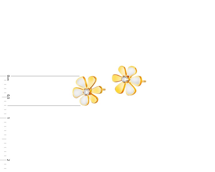 Złote kolczyki z emalią i cyrkoniami - kwiaty