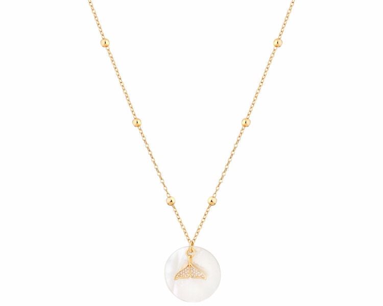 Pozlacený náhrdelník z mosazi s perletí a zirkony - ploutev