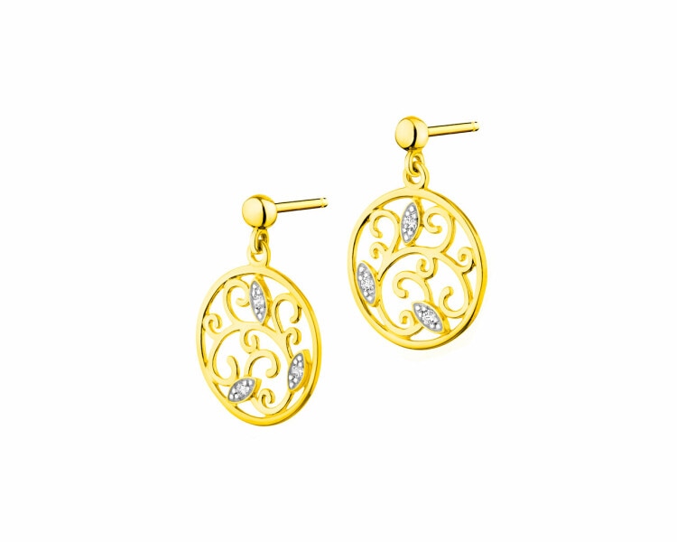 8 K Rhodium-Plated Yellow Gold Dangling Earring with Cubic Zirconia