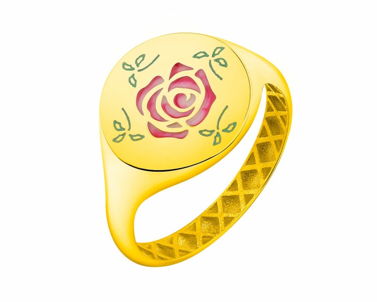 Złoty pierścionek z emalią - sygnet - róża