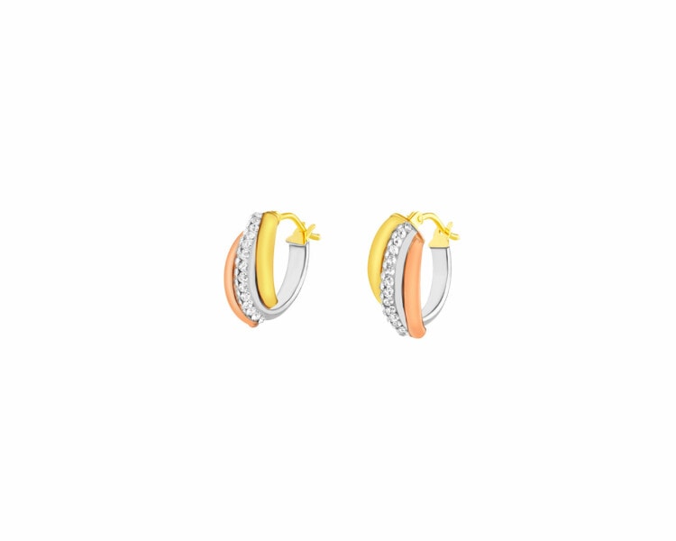 14 K Yellow, Rose & Rhodium Plated White Gold Earrings with Cubic Zirconia