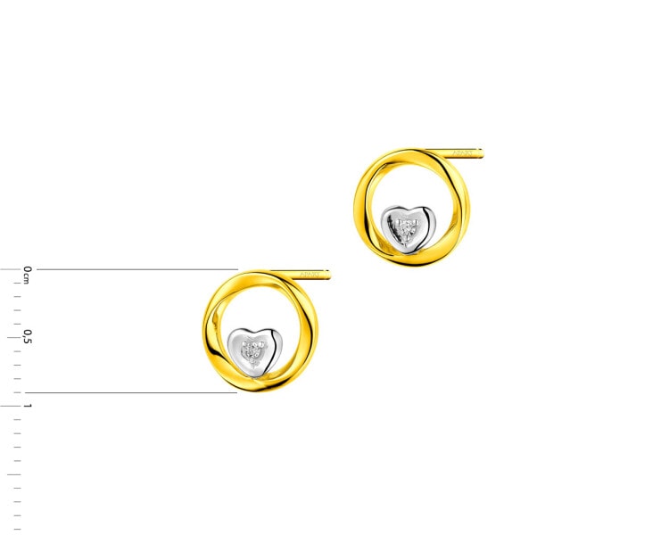 Kolczyki z żółtego złota z diamentami - serca 0,01 ct - próba 375