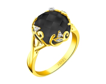 Zlatý prsten s diamanty a onyxem - listy - ryzost 585