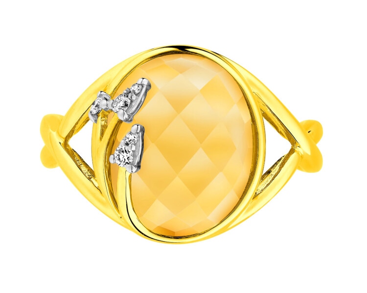 Pierścionek z żółtego złota z diamentami i cytrynem - liście - próba 585