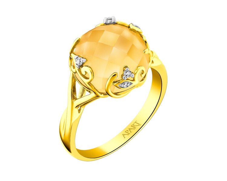 Zlatý prsten s diamanty a citrínem - listy - ryzost 585