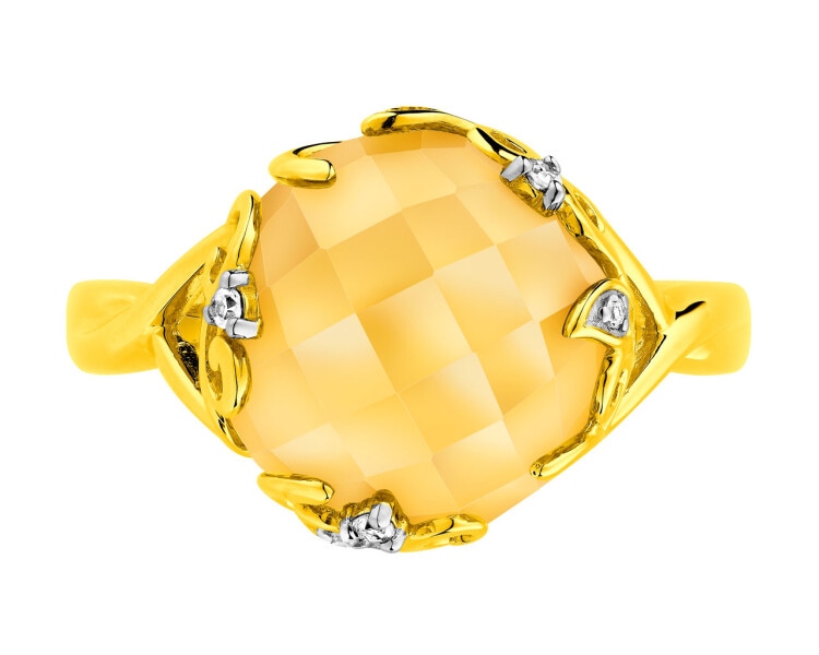 Pierścionek z żółtego złota z diamentami i cytrynem - liście - próba 585