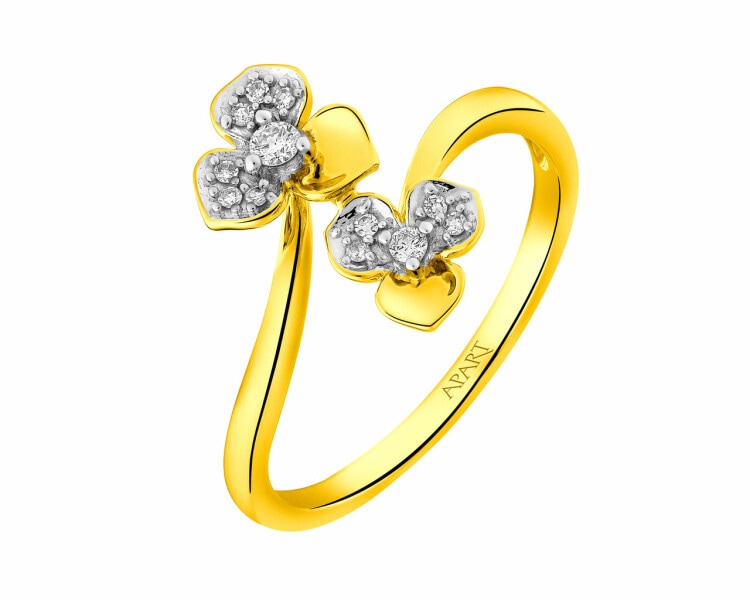 Pierścionek z żółtego złota z diamentami - kwiaty 0,07 ct - próba 375