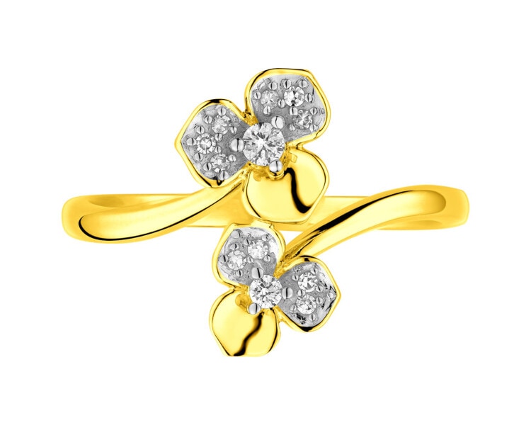 Pierścionek z żółtego złota z diamentami - kwiaty 0,07 ct - próba 375
