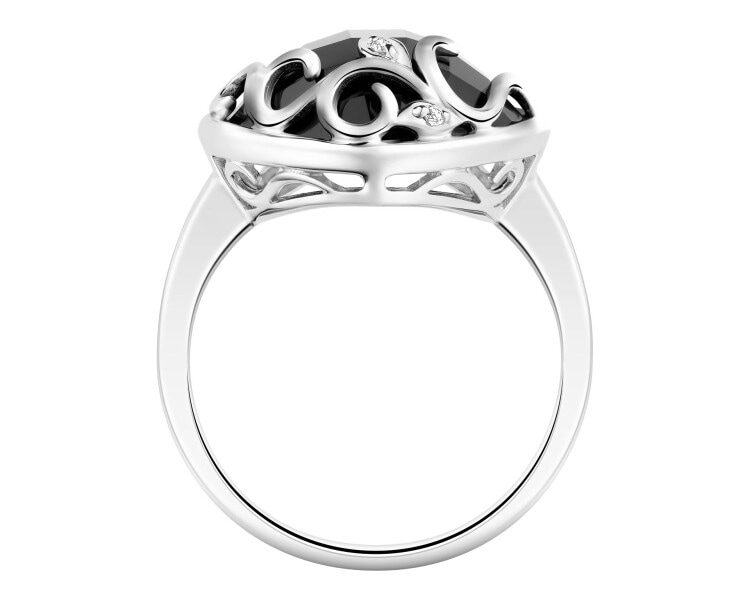 14 K Rhodium-Plated White Gold Ring with Diamonds - fineness 14 K