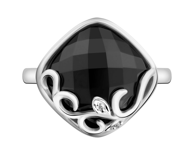 14 K Rhodium-Plated White Gold Ring with Diamonds - fineness 14 K