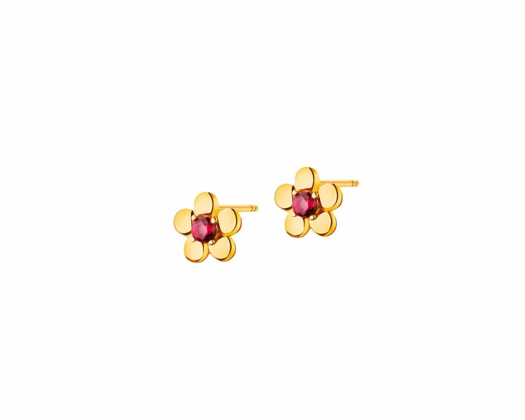 Złote kolczyki z rubinami syntetycznymi - kwiaty