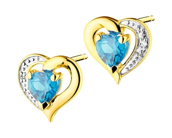 Náušnice ze žlutého zlata s diamanty a topazy - srdce - ryzost 585
