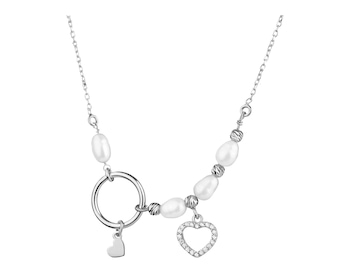 Stříbrný náhrdelník s perlami a zirkony - srdce