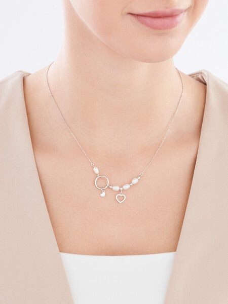 Stříbrný náhrdelník s perlami a zirkony - srdce