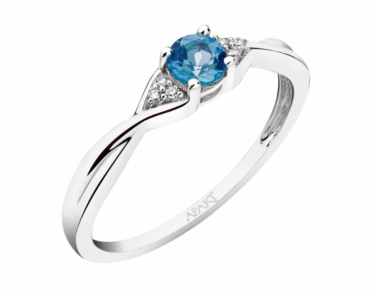 Prsten z bílého zlata s diamanty a topazem (London Blue) - ryzost 585