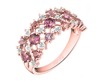 Prsten z růžového zlata s diamanty a drahokamy - ryzost 585