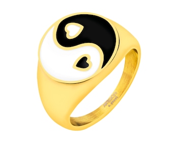 Pečetní prsten z ušlechtilé oceli a křišťálovou pryskyřicí - yin yang, srdce