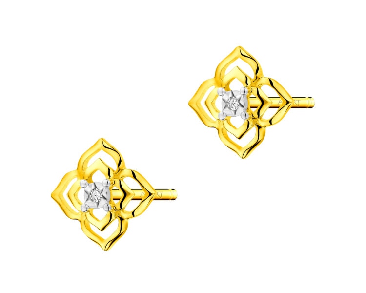 Zlaté náušnice s diamanty - květy 0,006 ct - ryzost 585