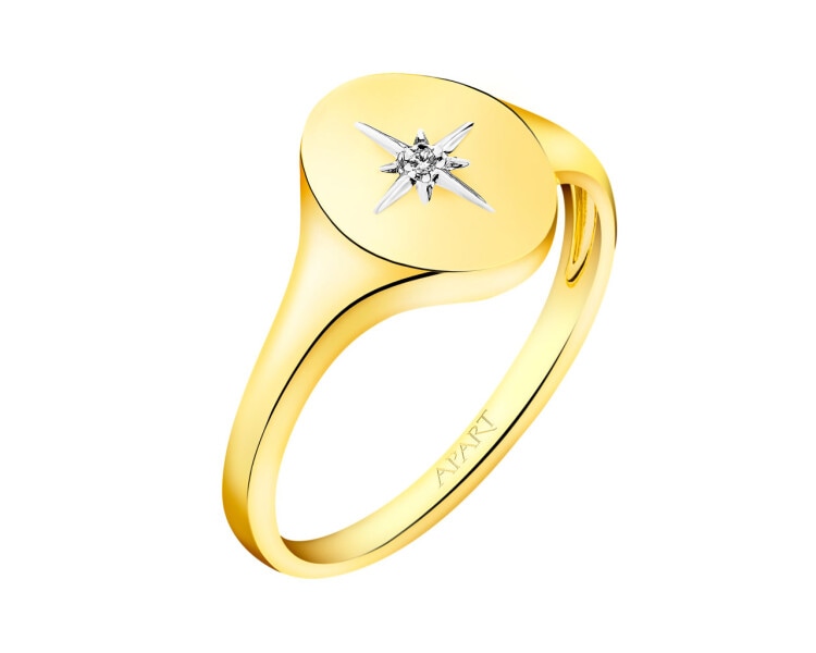 14 K Rhodium-Plated Yellow Gold Signet Ring with Diamond 0,004 ct - fineness 14 K