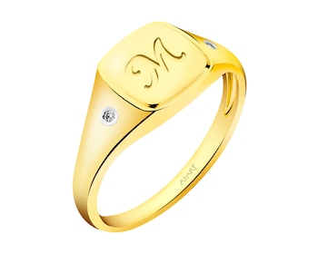 Pierścionek z żółtego złota z diamentami - sygnet- litera M 0,01 ct - próba 375