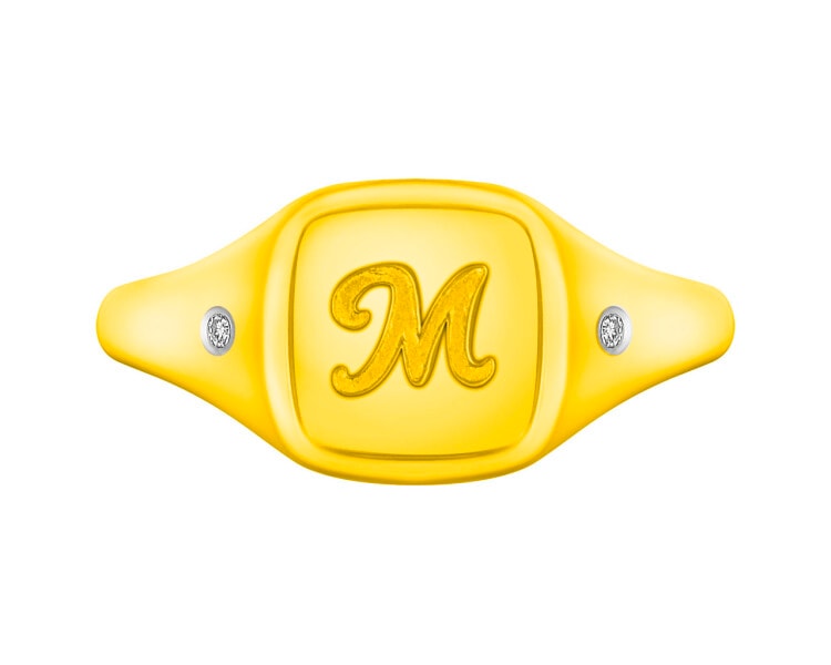 Yellow gold ring with diamonds - signet - letter M 0,01 ct - fineness 9 K