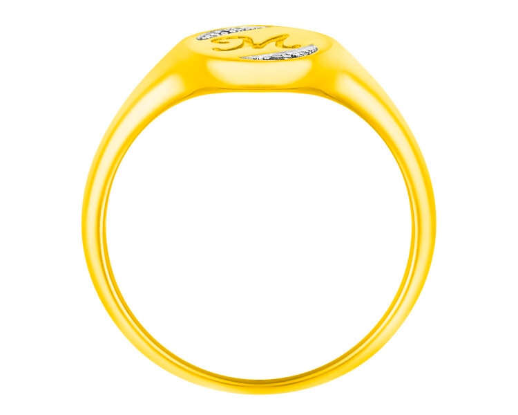 Pierścionek z żółtego złota z diamentami - sygnet - litera M 0,01 ct - próba 375