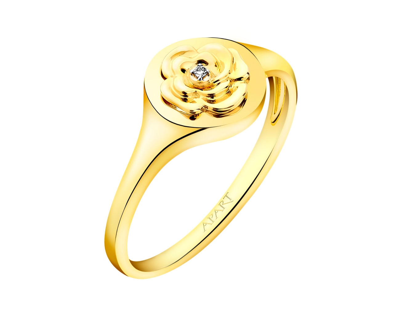 Pierścionek z żółtego złota z diamentem - sygnet - kwiat 0,004 ct - próba 375