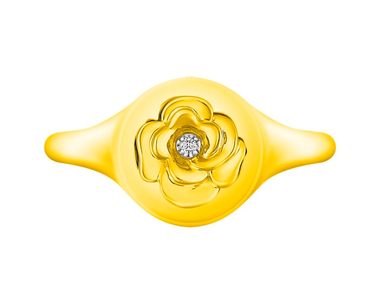 Pierścionek z żółtego złota z diamentem - sygnet - kwiat 0,004 ct - próba 375
