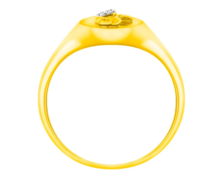 Pierścionek z żółtego złota z diamentami - sygnet  - róża 0,006 ct - próba 585