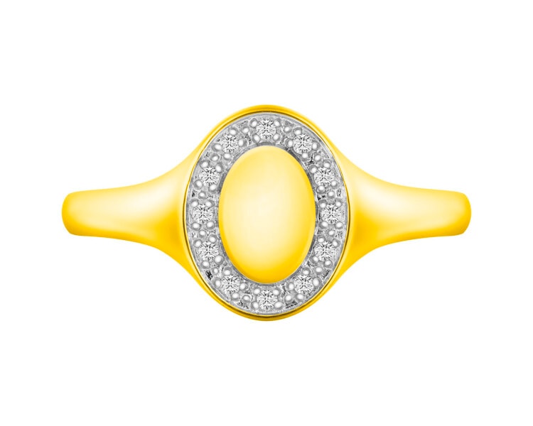 14 K Rhodium-Plated Yellow Gold Signet Ring with Diamonds 0,04 ct - fineness 14 K