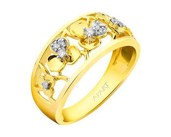 Pierścionek z żółtego złota z diamentami  - kwiaty 0,05 ct - próba 585