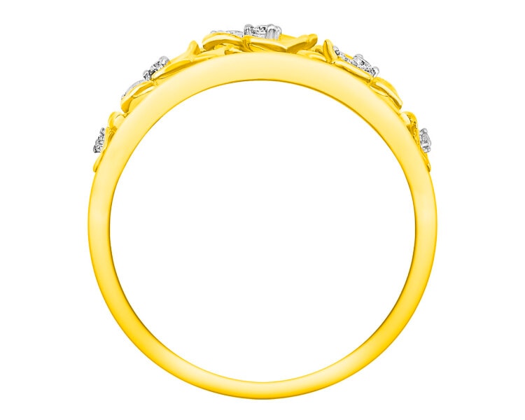 Pierścionek z żółtego złota z diamentami  - kwiaty 0,05 ct - próba 585