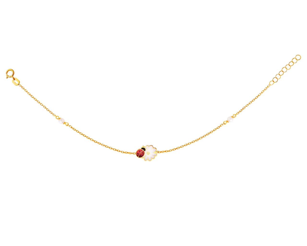 Złota bransoletka z emalią i perłami, ankier - kwiat, biedronka