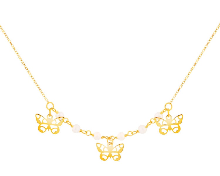 Złoty naszyjnik z perłami, ankier - motyle