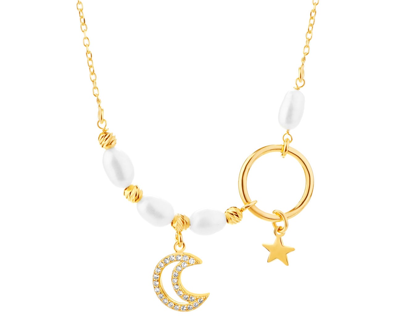 Naszyjnik srebrny z perłami i cyrkoniami - Księżyc, gwiazda