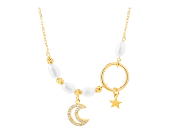 Pozlacený stříbrný náhrdelník s perlami a zirkony - půlměsíc, hvězda