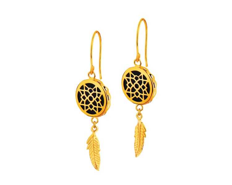8 K Yellow Gold Dangling Earring with Synthetic Onyx