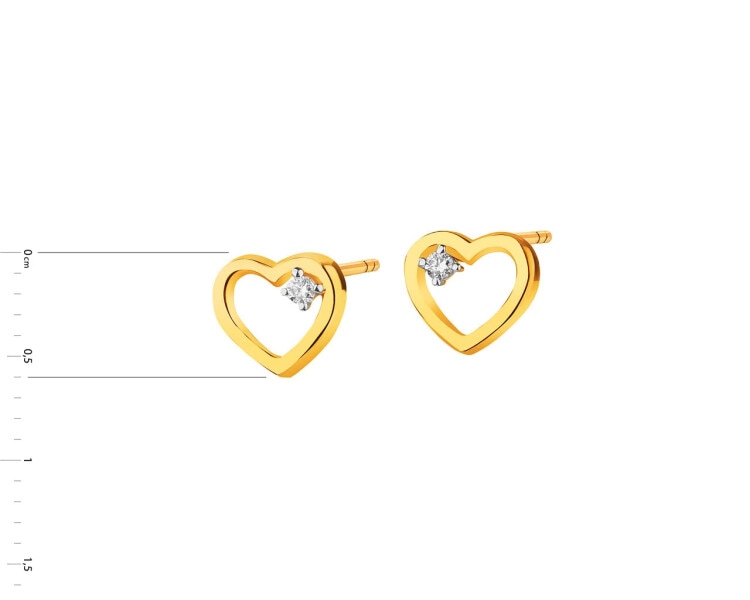 Náušnice ze žlutého zlata s brilianty - srdce 0,02 ct - ryzost 585