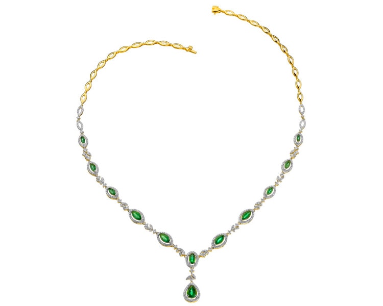 Zlatý náhrdelník s brílianty a smaragdy - ryzost 585
