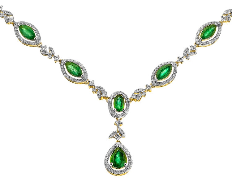 Zlatý náhrdelník s brílianty a smaragdy - ryzost 585