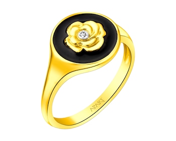 Pierścionek z żółtego złota z diamentem i emalią - sygnet, kwiat 0,004 ct - próba 375